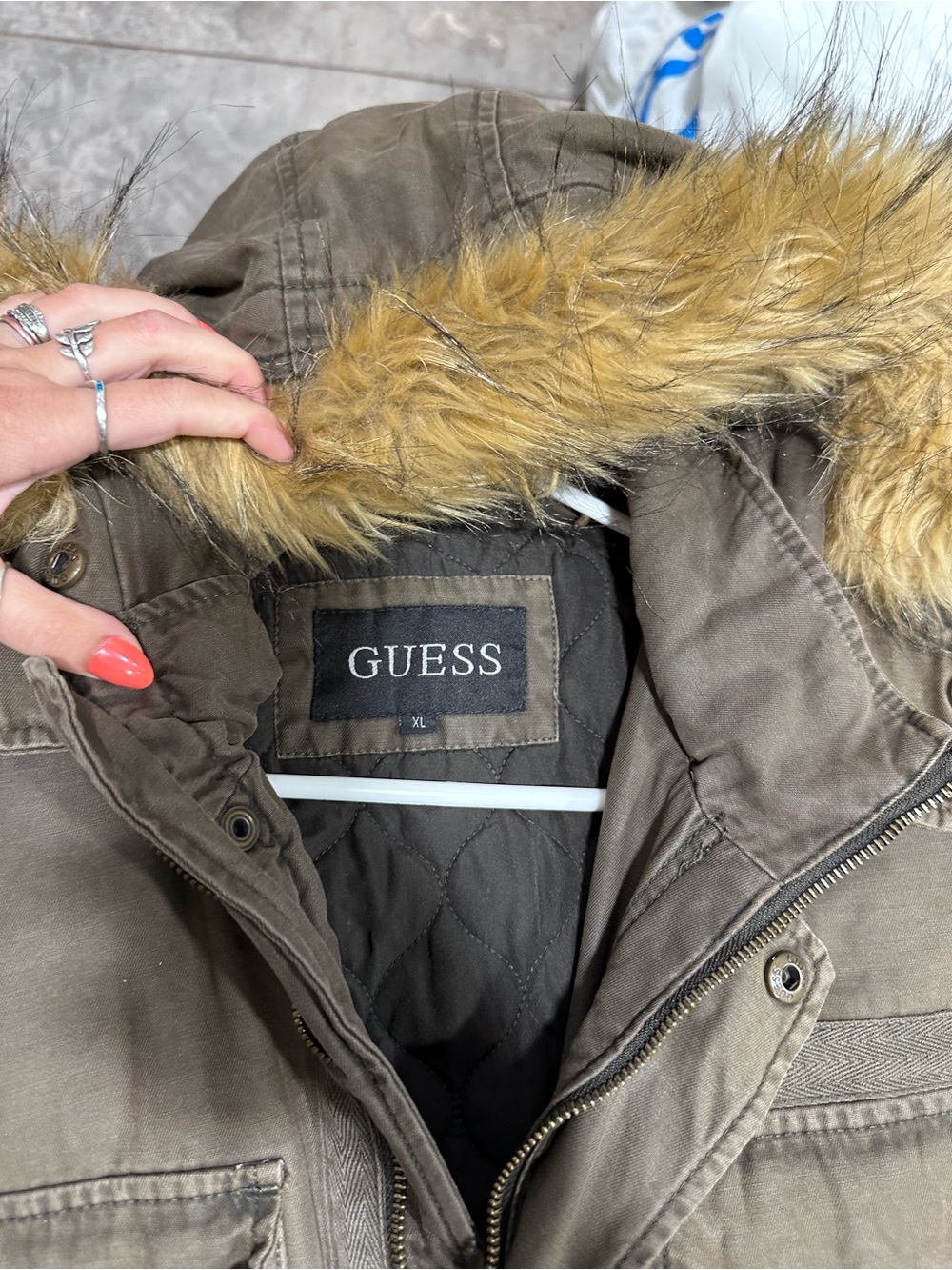 GUESS Olive Green Utility Jacket with Faux Fur Trim Hood